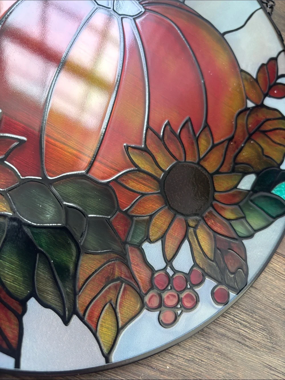 Hobby Lobby Pumpkin & Sunflowers Round Stained Glass Wall/Window decor,chain